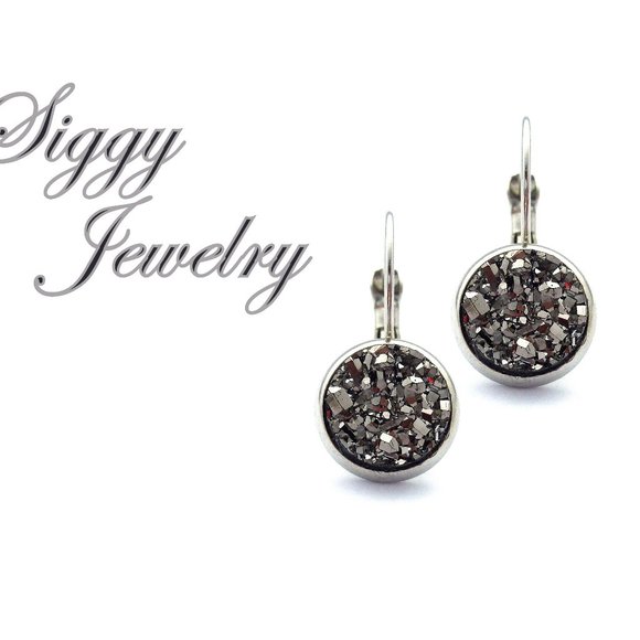 Siggy Jewelry Jewelry - Shiny Hematite Faux Druzy Drop Lever Earrings